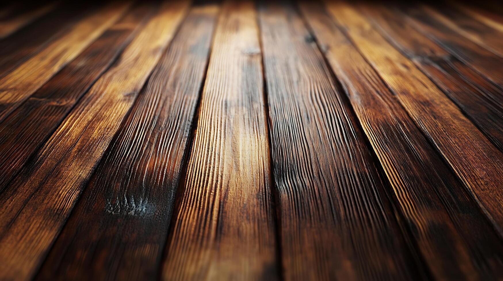 A close-up view of a warm-toned wooden surface, showing distinct planks and natural wood grain patterns with a blurred background. photo