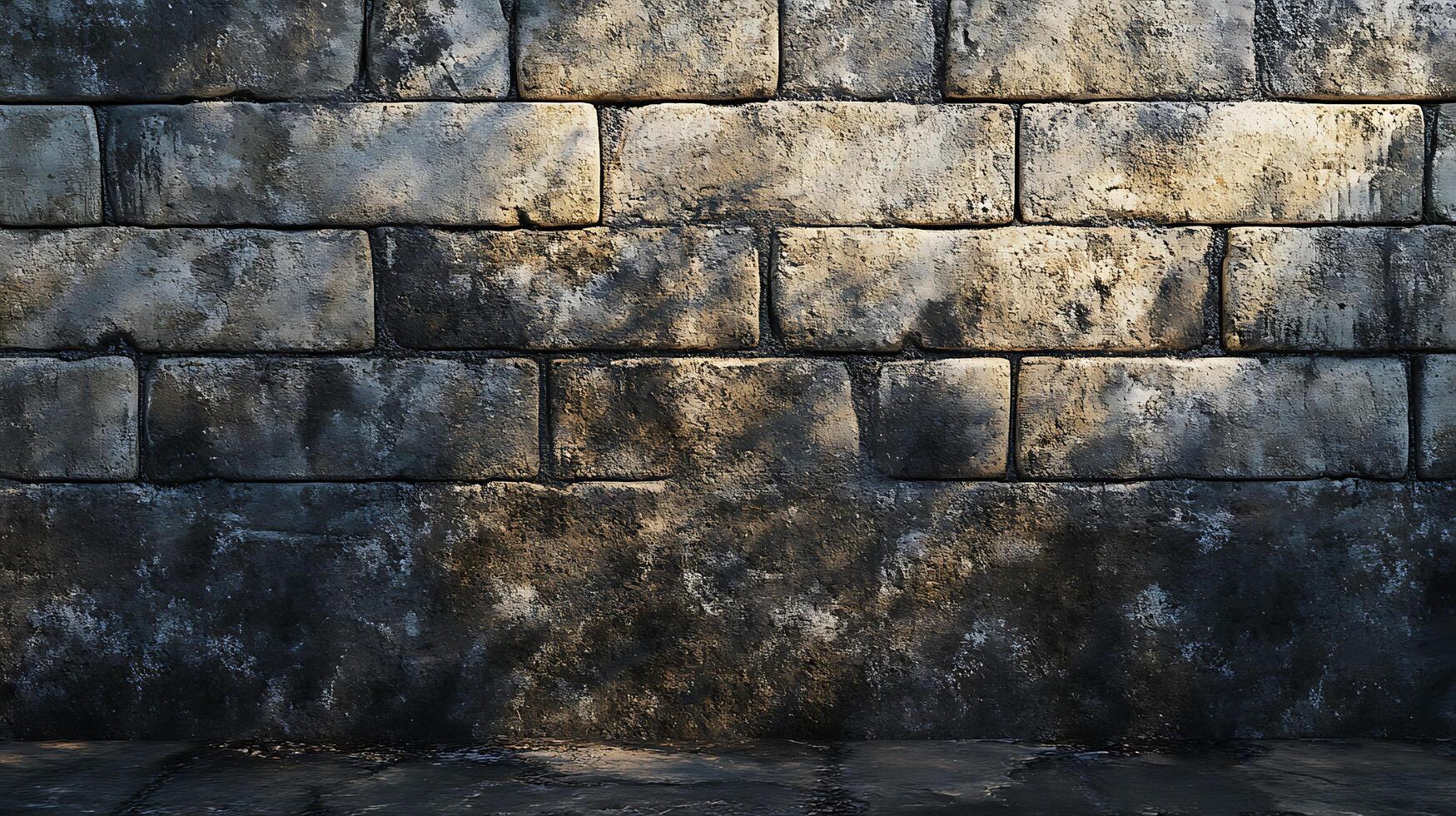 Weathered stone wall with varying shades creates depth, highlighting natural textures in this architectural element backdrop. photo