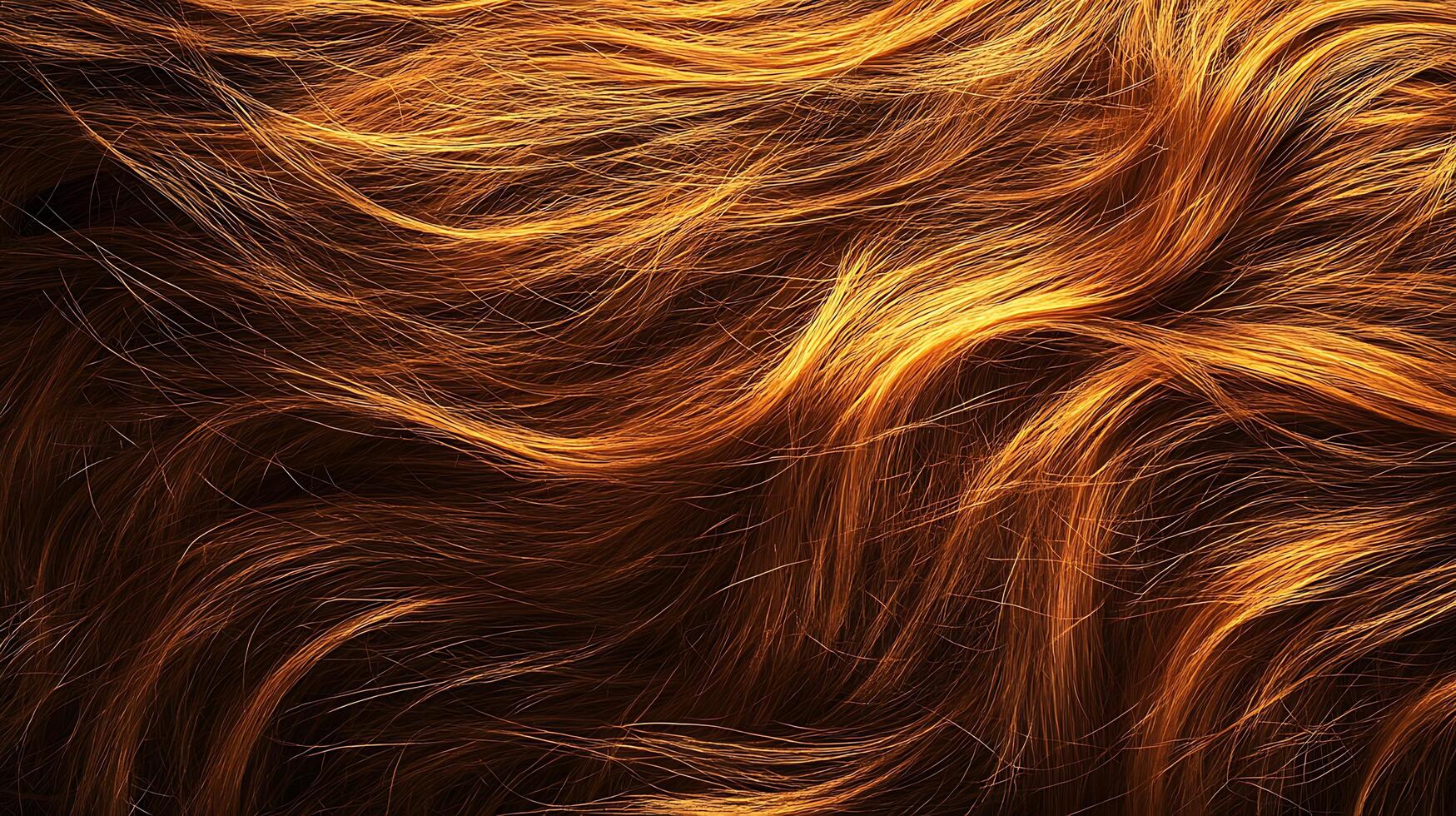 Abstract close-up of flowing tresses of brilliant auburn hair, full of golden highlights and rich, dark undertones for captivating visual texture. photo