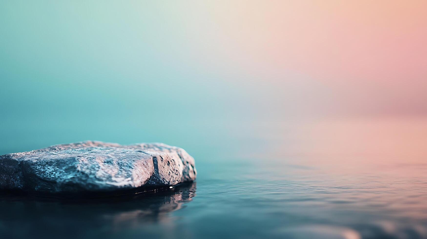 A solitary stone rests serenely on the water's surface, reflecting the soft, pastel hues of the sky above. Minimalist tranquility. photo