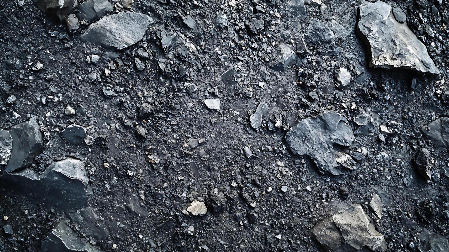 A high-angle shot showcases a dense layer of rocks and gravel in varying shapes, sizes, and shades of dark gray, creating a textured surface. photo