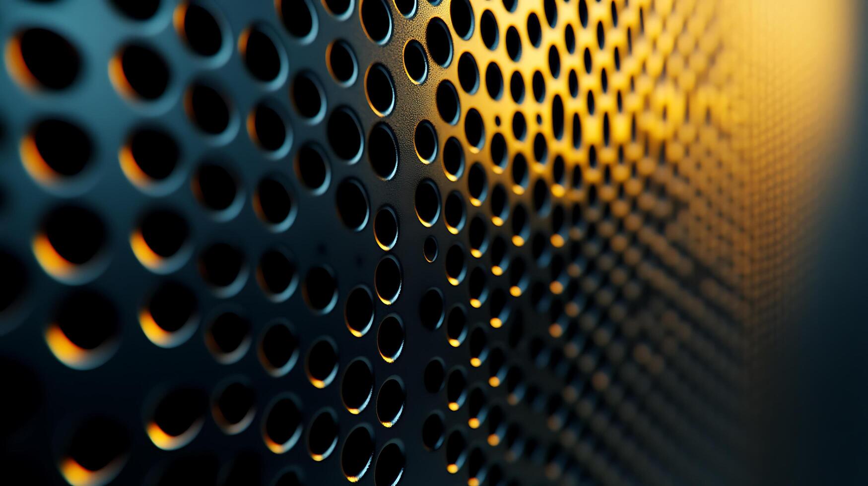 Close-up of a perforated metal surface with round holes, illuminated by warm light creating a pattern of shadows and highlights. photo