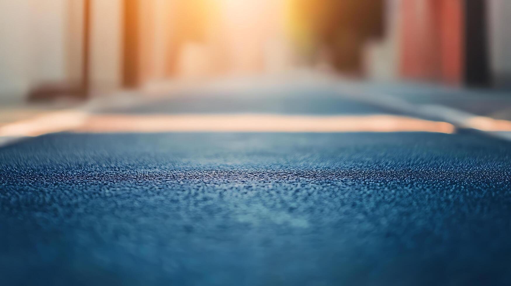 Close-up of an asphalt road with blurred buildings and sunlight in the background, creating a sense of depth and urban atmosphere. photo