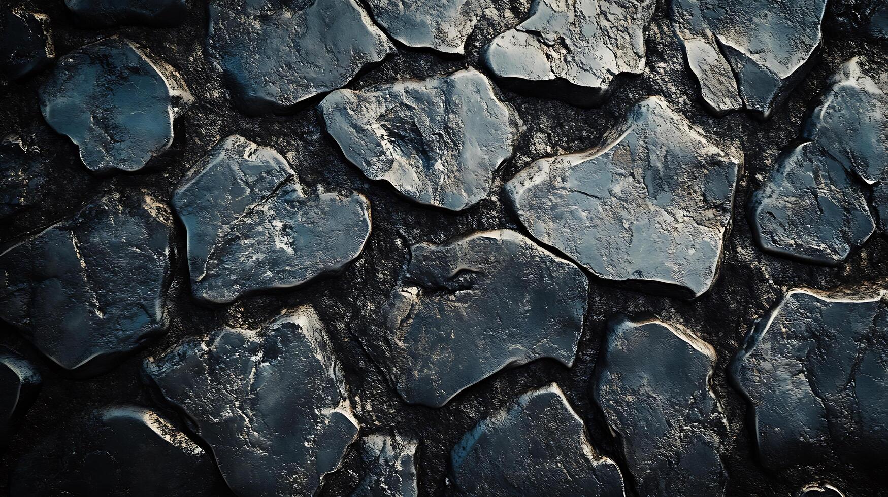 Close-up of dark grey stone pavement showing rough texture and varying shapes, creating a rugged and natural surface pattern. photo