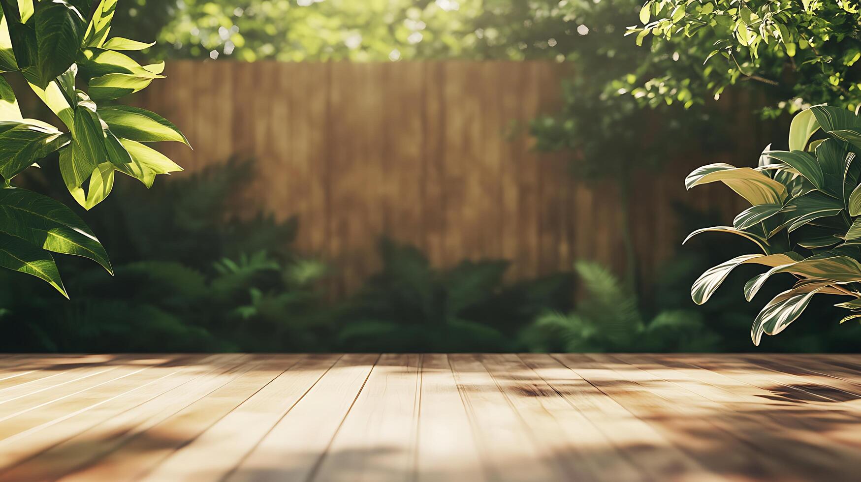 Inviting wooden deck with lush greenery, a serene outdoor space bathed in dappled sunlight. Perfect for relaxation and peaceful moments. photo