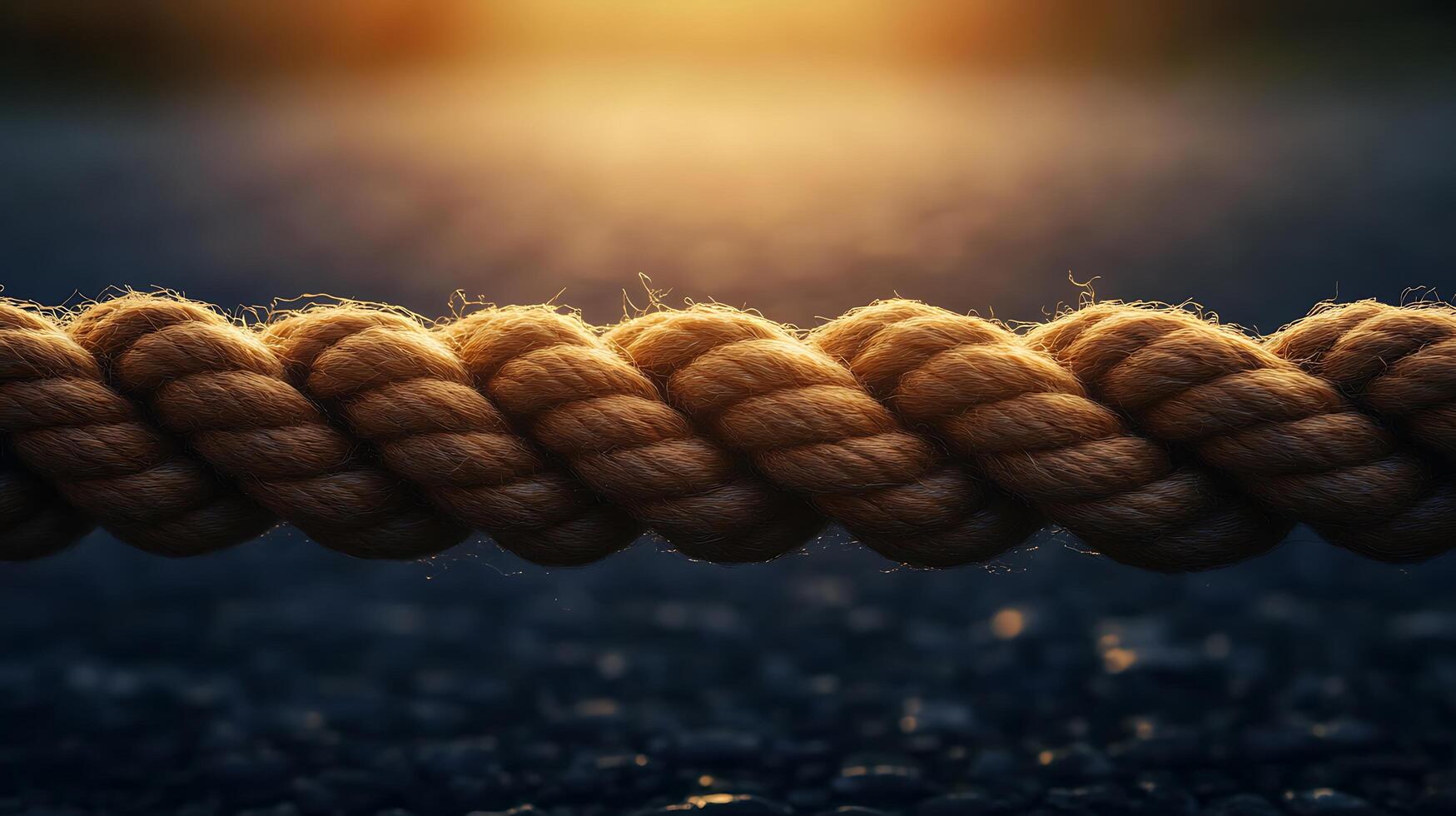 A braided rope, shot at eye-level, is set against a defocused background, with a single light source above it. The light is warm and golden. photo