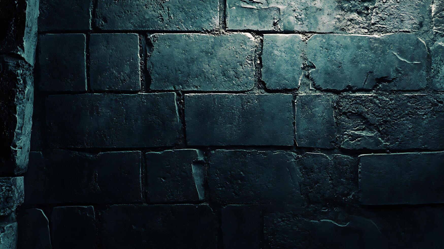 Dark, rough-hewn bricks create a textured wall, dimly lit with deep shadows and hints of age and weathering, giving it an ancient feel. photo