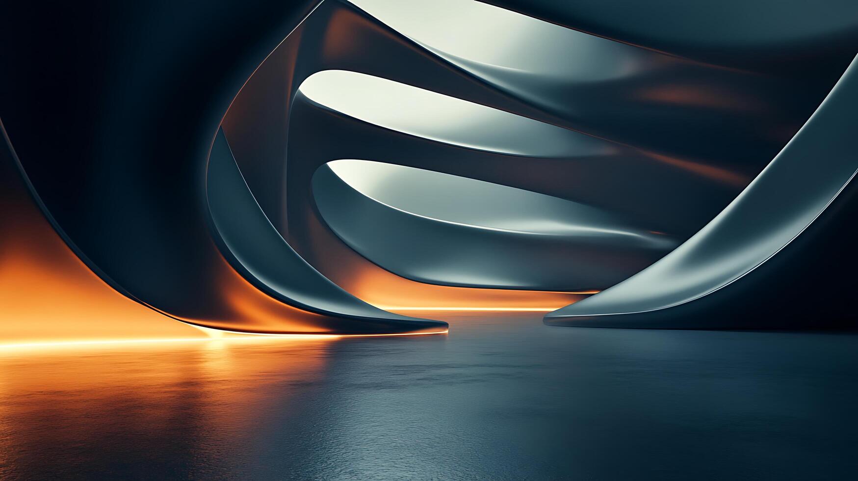 Modern curved metallic architecture with subtle lighting, creating a sleek and futuristic atmosphere. Smooth surfaces reflecting ambient light. photo