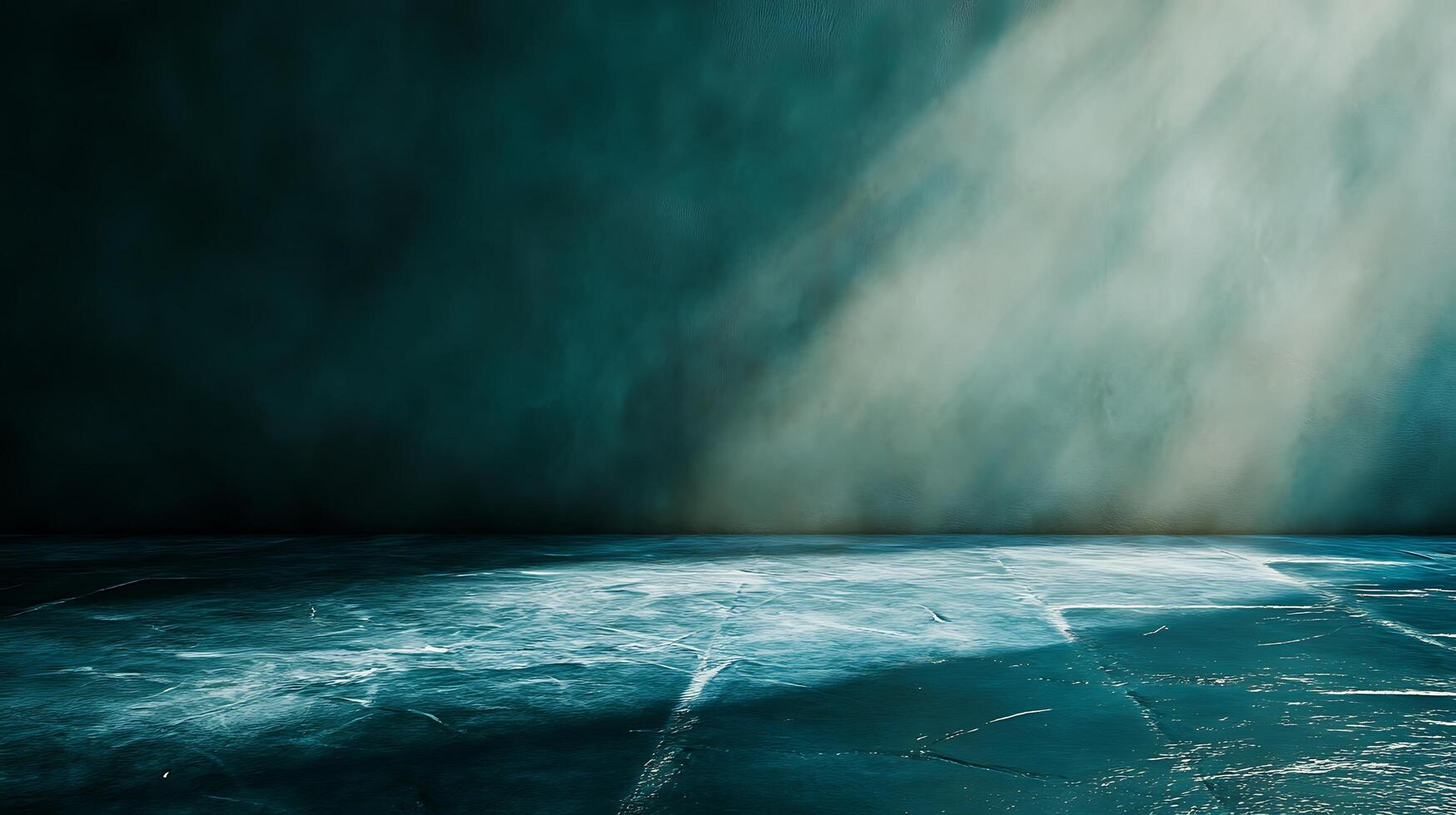 Mysterious teal backdrop with light rays shining upon rippled flooring and a dark blue background, perfect for creative projects. photo