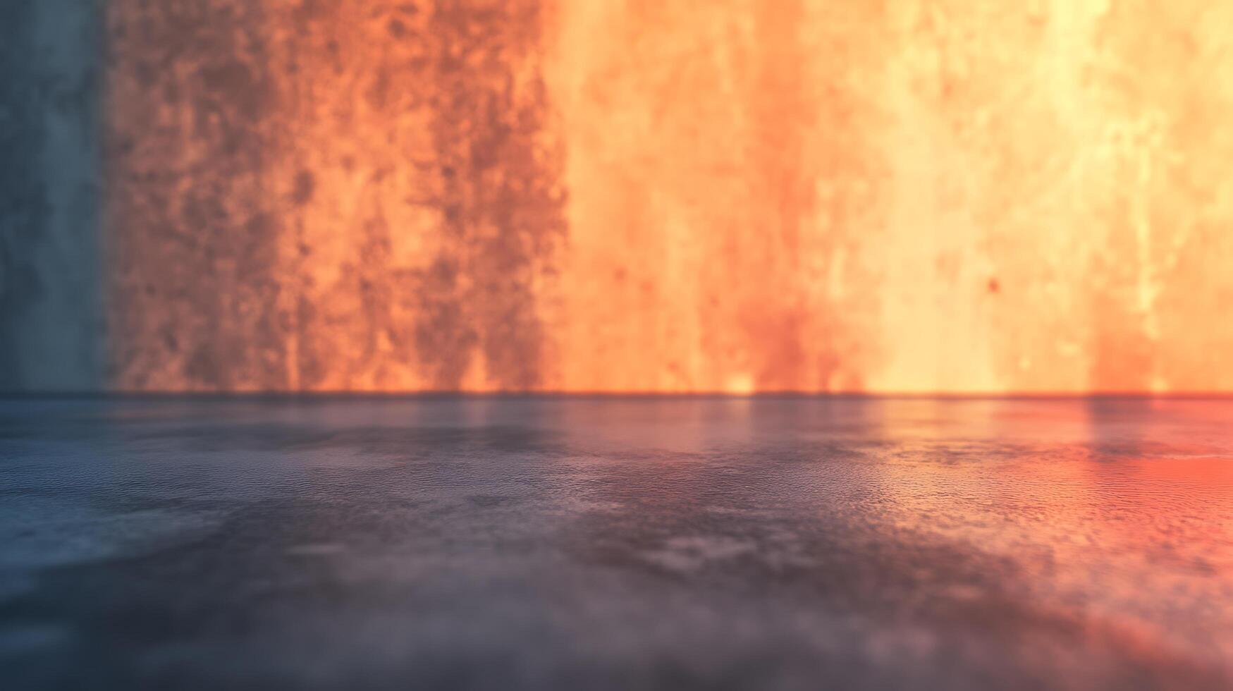 Abstract rendering of an interior space. An ombre concrete background, lit by gradients of orange and blue, creates a unique, textured aesthetic. photo