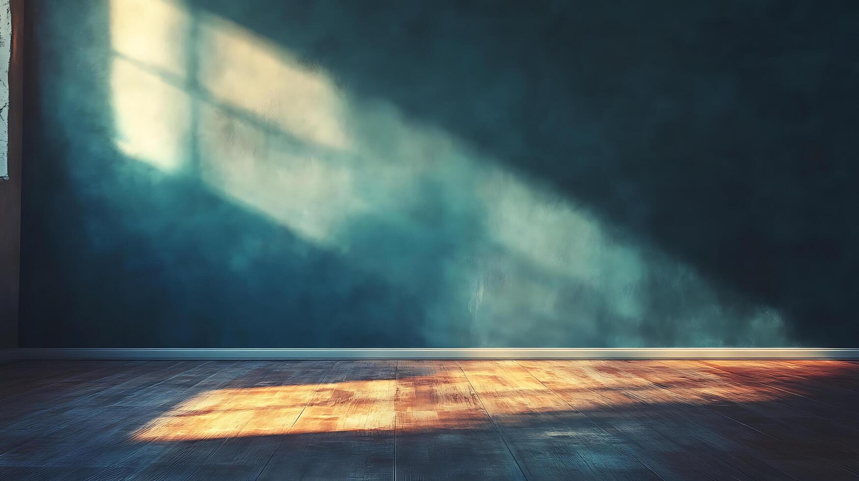 Sunlight streams through a window onto a textured wall and hardwood floor, creating a warm, inviting ambiance in an empty interior space. photo