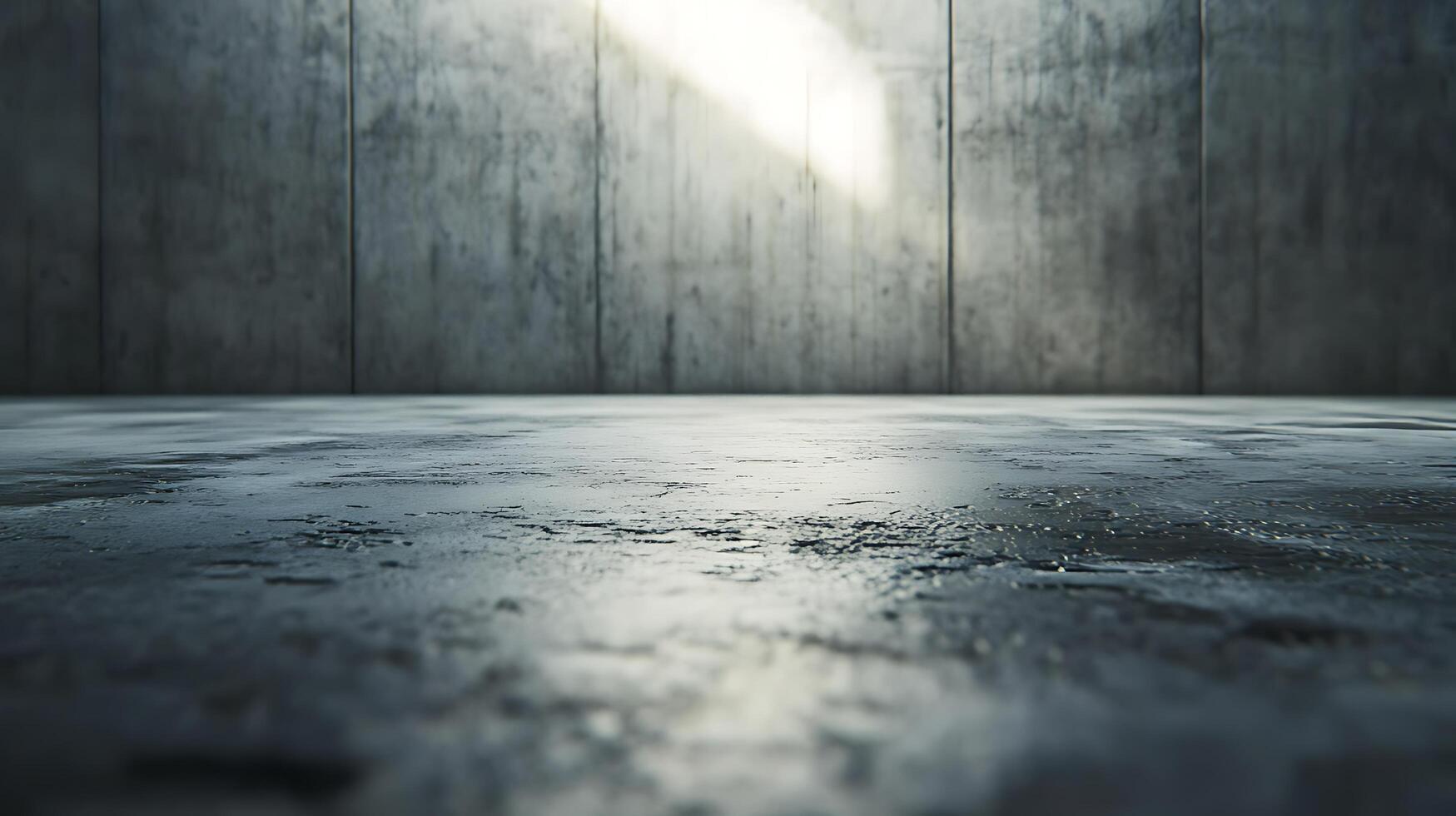 Sunlight streams into a stark, minimalist concrete room, illuminating the floor and walls, creating a dramatic play of light and shadow. photo