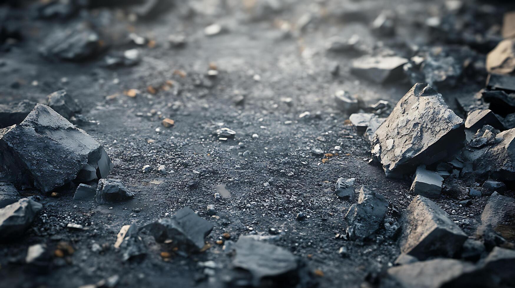 Monochromatic terrain with a mix of fine gravel and larger rock fragments creating a rugged, desolate scene with a dark palette. photo