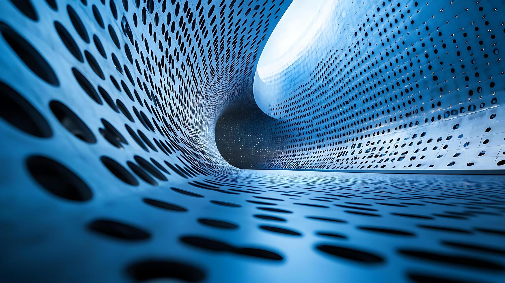 Abstract perforated metal tunnel with a light source at the end, creating a futuristic and visually striking architectural scene. photo