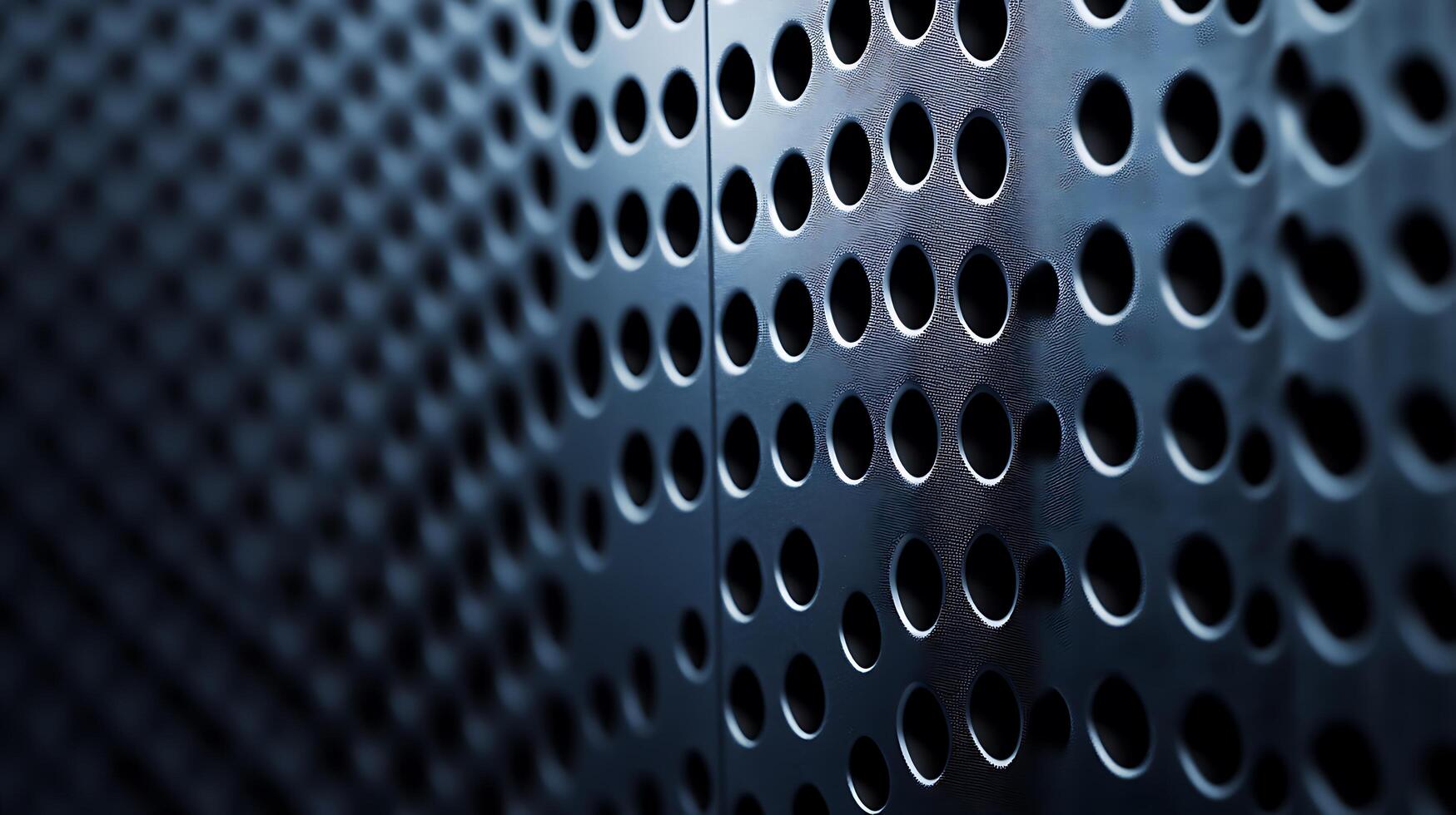 Metal screen with geometric pattern of perforated holes. Abstract background featuring repeating circular shapes in orderly rows. photo
