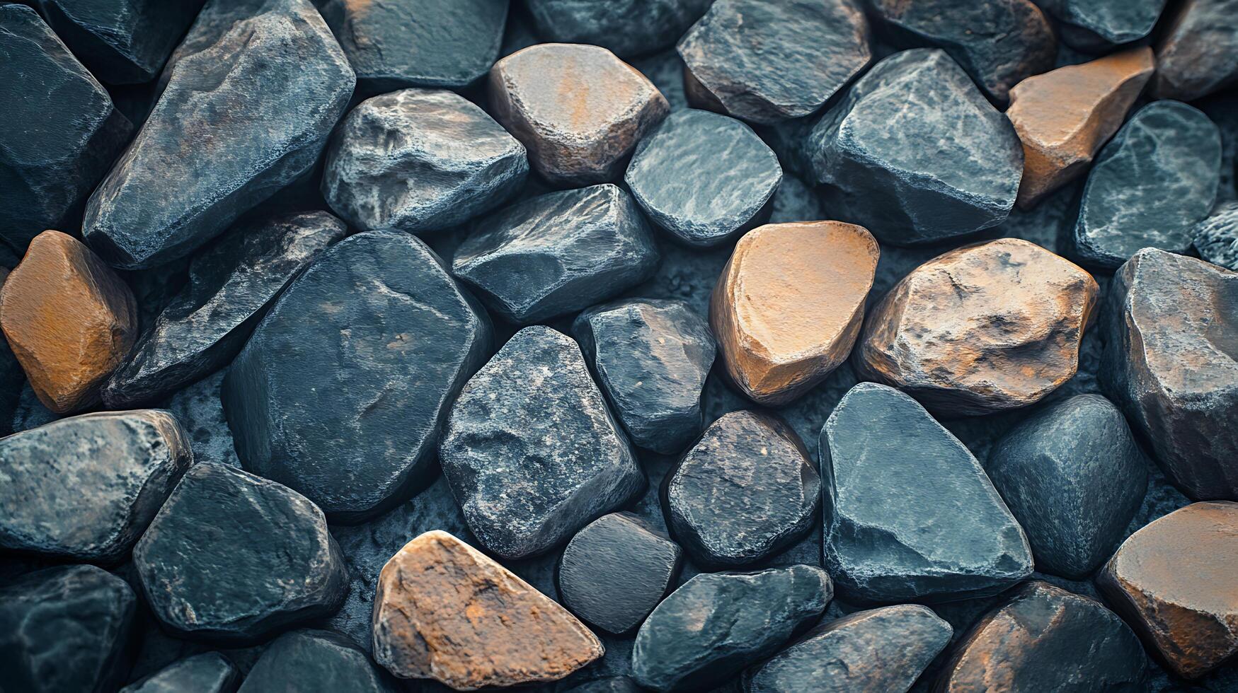 Pile of various sized, colored rocks creates an earthy background. The rock colors are varying shades of gray and brown, adding depth. photo
