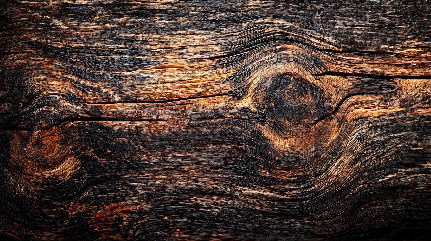 Dark, textured wood grain with swirling patterns, showcasing a unique blend of colors from deep browns to warm oranges. photo
