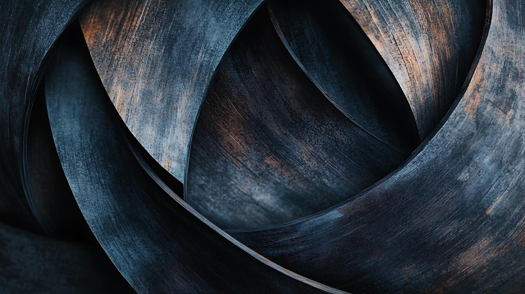 Abstract view of dark blue textured curved material with brown accents, creating a sense of depth and layered complexity. photo