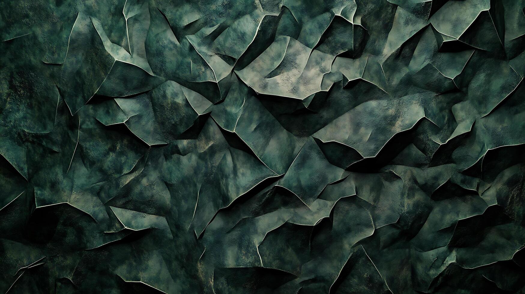 Abstract textured surface with jagged and folded shapes in shades of green and grey, creating a deep and dynamic visual effect. photo