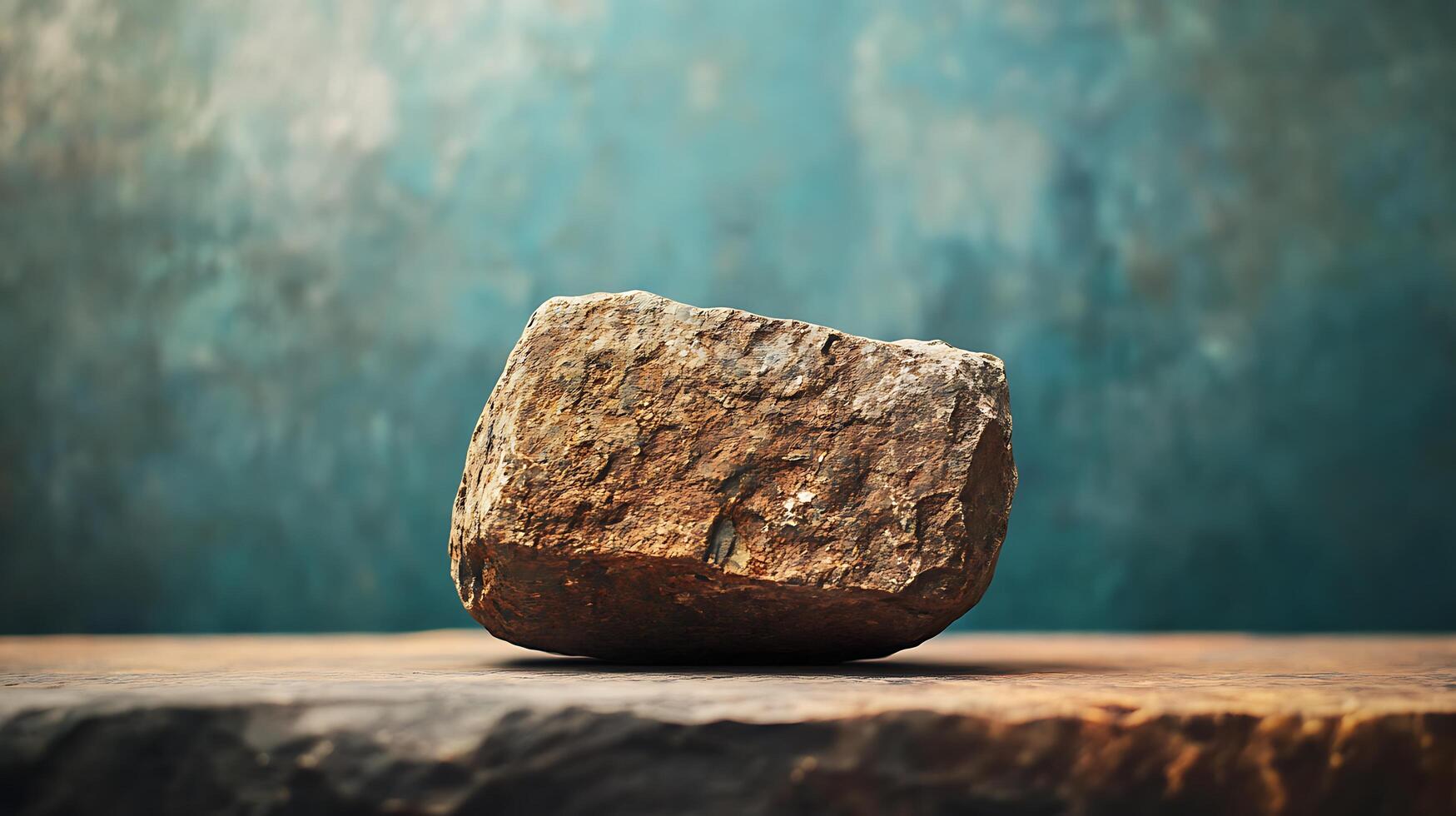 A weathered stone sits firmly atop a rugged, earthy surface, contrasting with the soft, textured backdrop in shades of blue. photo