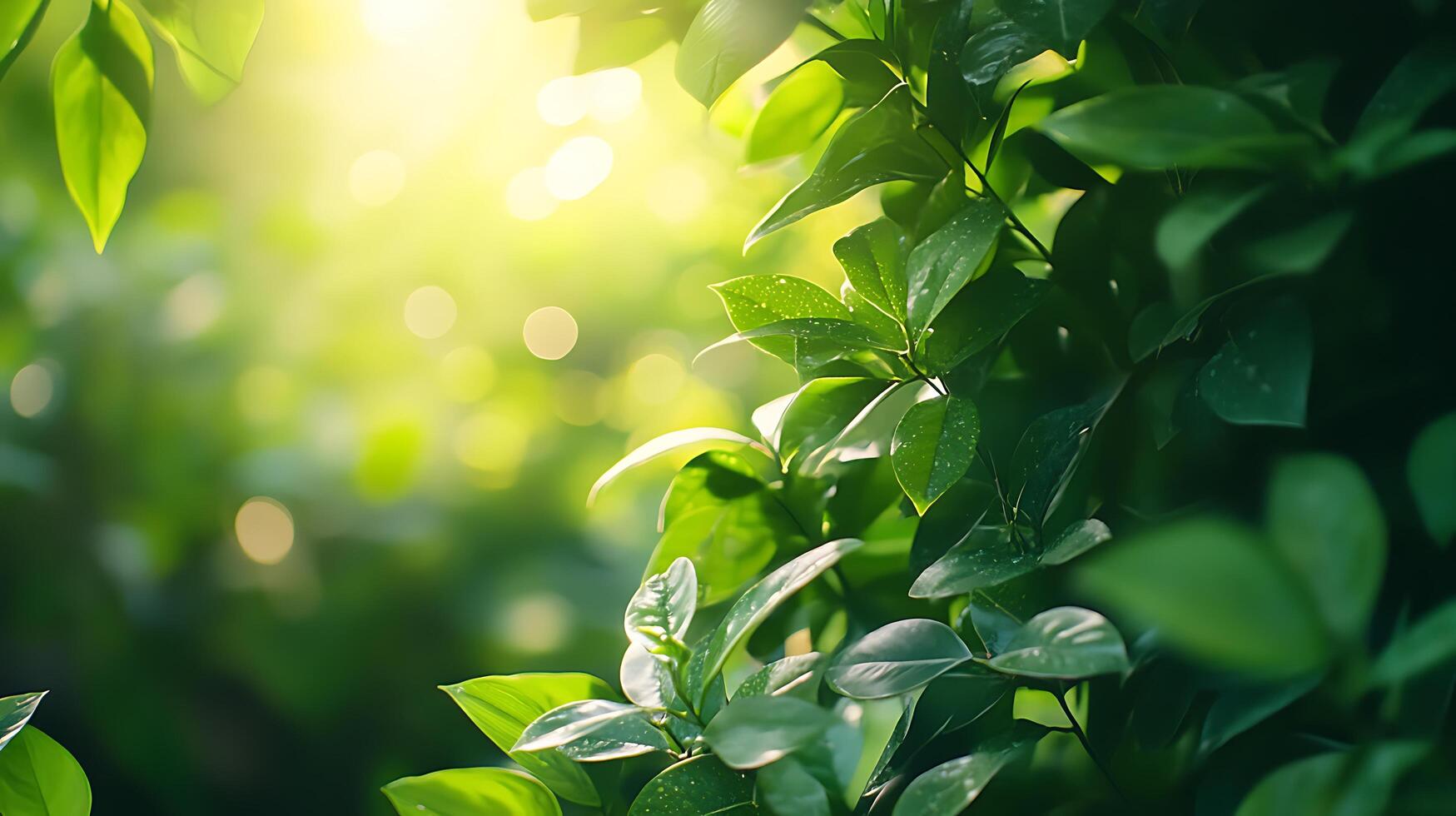 Sunlight filters through vibrant green leaves, creating a serene and inviting atmosphere with a dreamy, bokeh-filled backdrop. photo