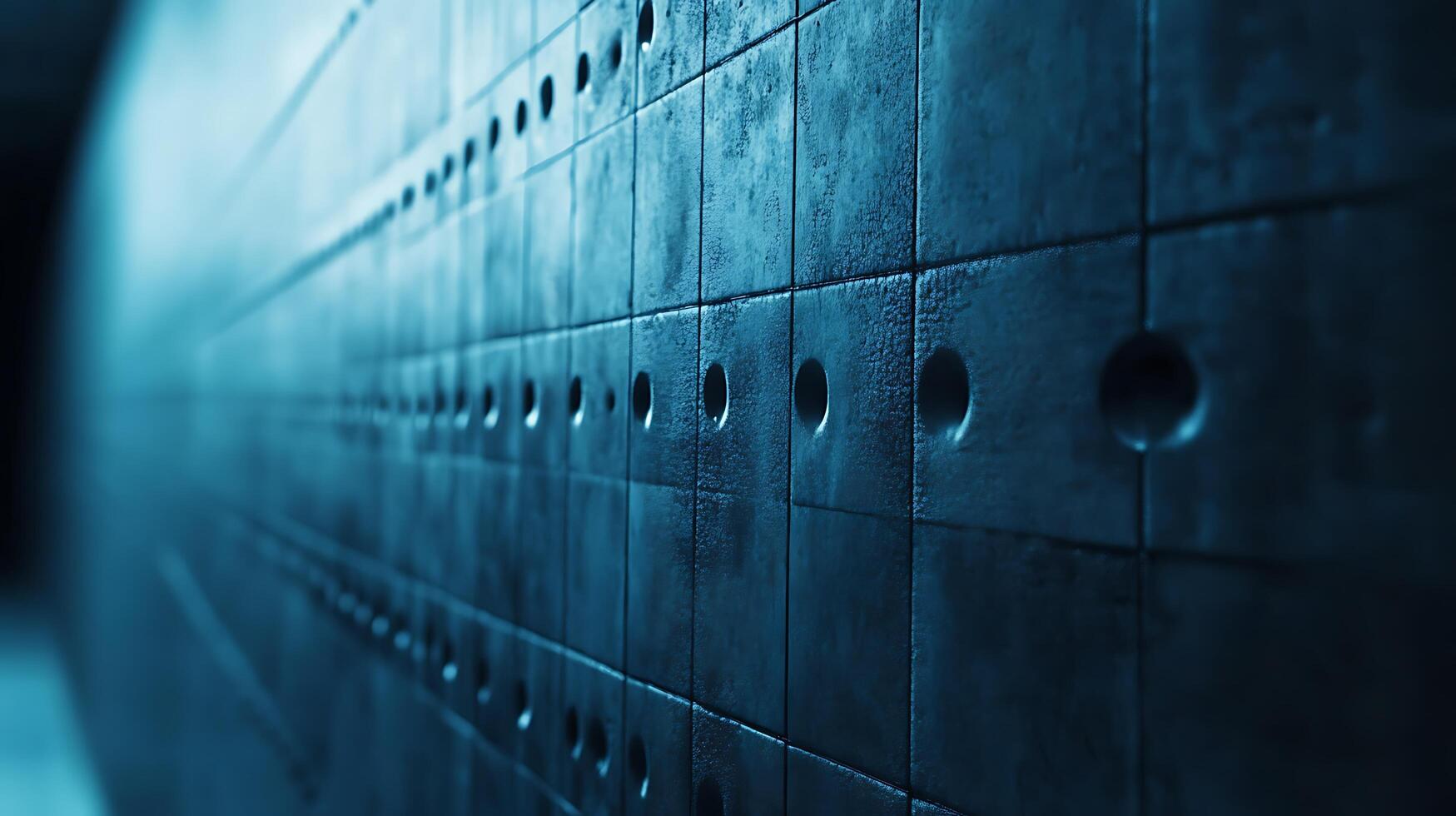 Intriguing blue metal wall with symmetrical hole patterns, industrial aesthetic, and a perspective that draws the eye into depth. photo