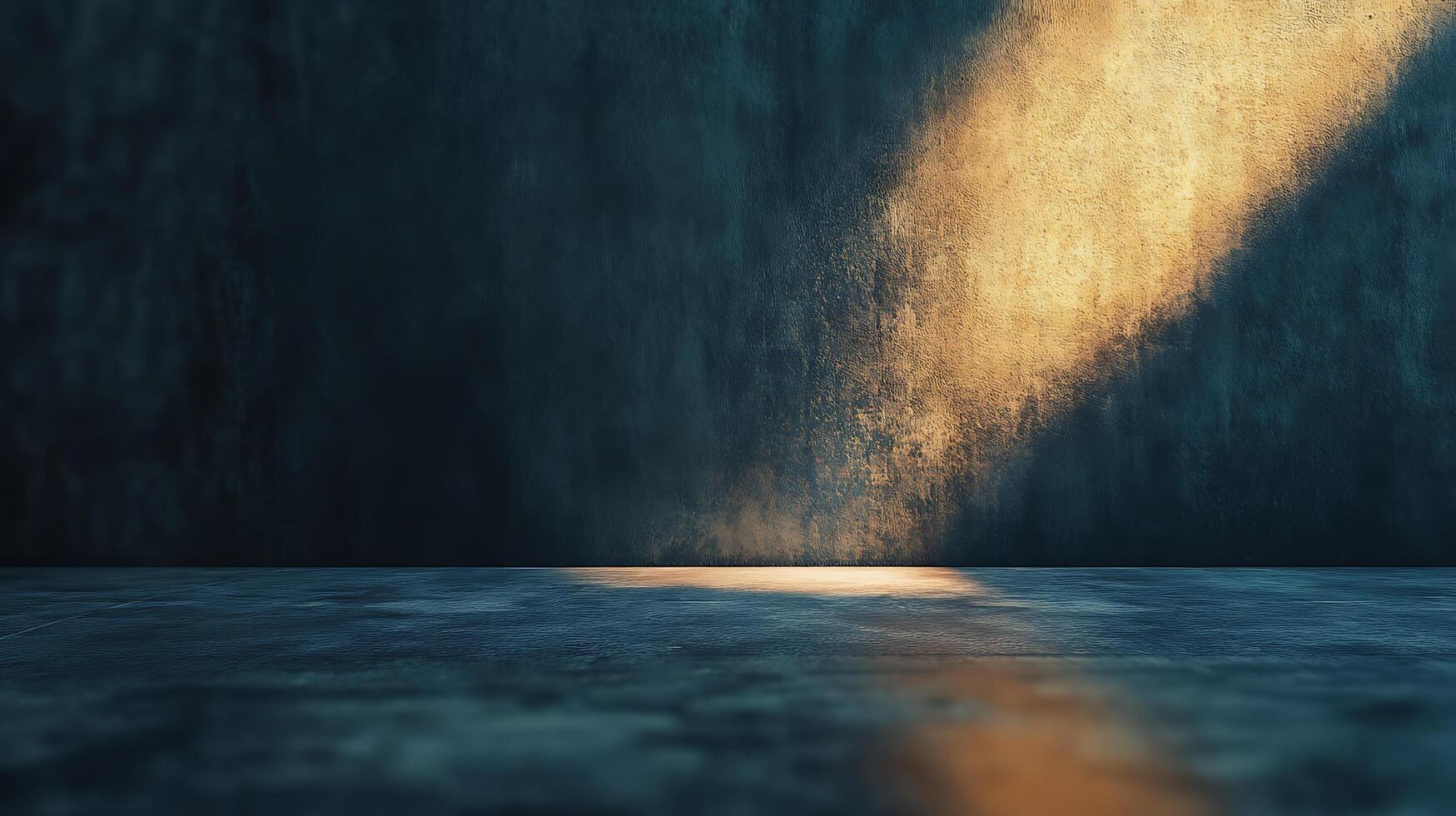 Dramatic light casts an artistic glow on a textured wall and floor surface creating an evocative atmosphere. Space for creative presentation. photo