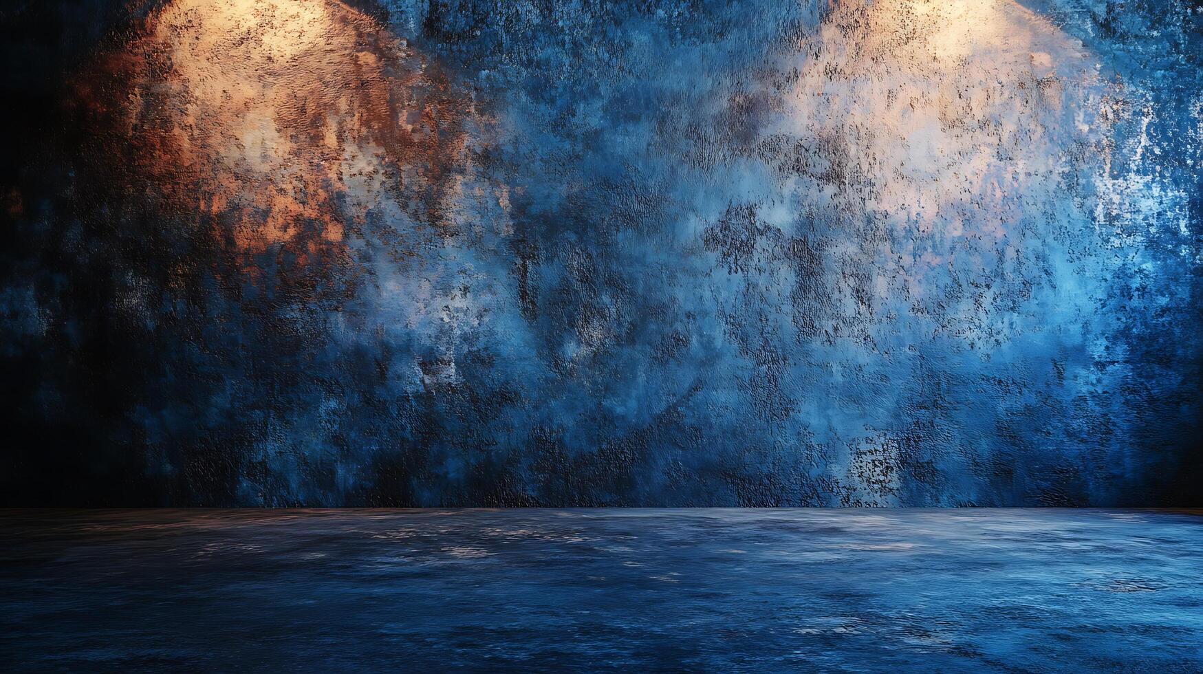 Moody blue wall and floor backdrop with texture and atmospheric lighting creating a dramatic, abstract, and visually interesting setting. photo