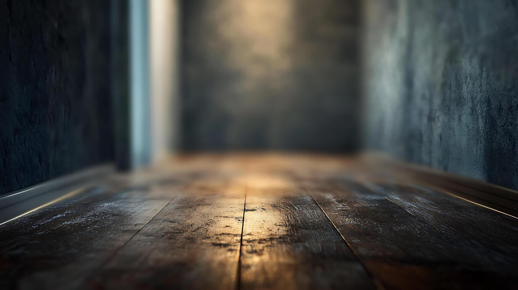 An empty corridor with wooden floors and dimly lit walls creates a mysterious and atmospheric space, inviting exploration and imagination. photo