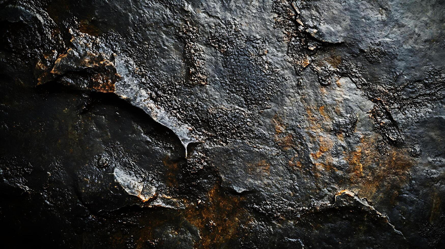 Dramatic, dark stone texture with hints of oxidation. The rough surface and deep shadows create a strong sense of depth and ruggedness. photo