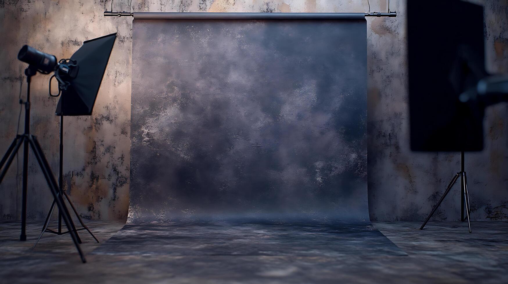 Studio setting with backdrop, professional lighting, and concrete floor for photography or videography, creates an authentic ambiance. photo