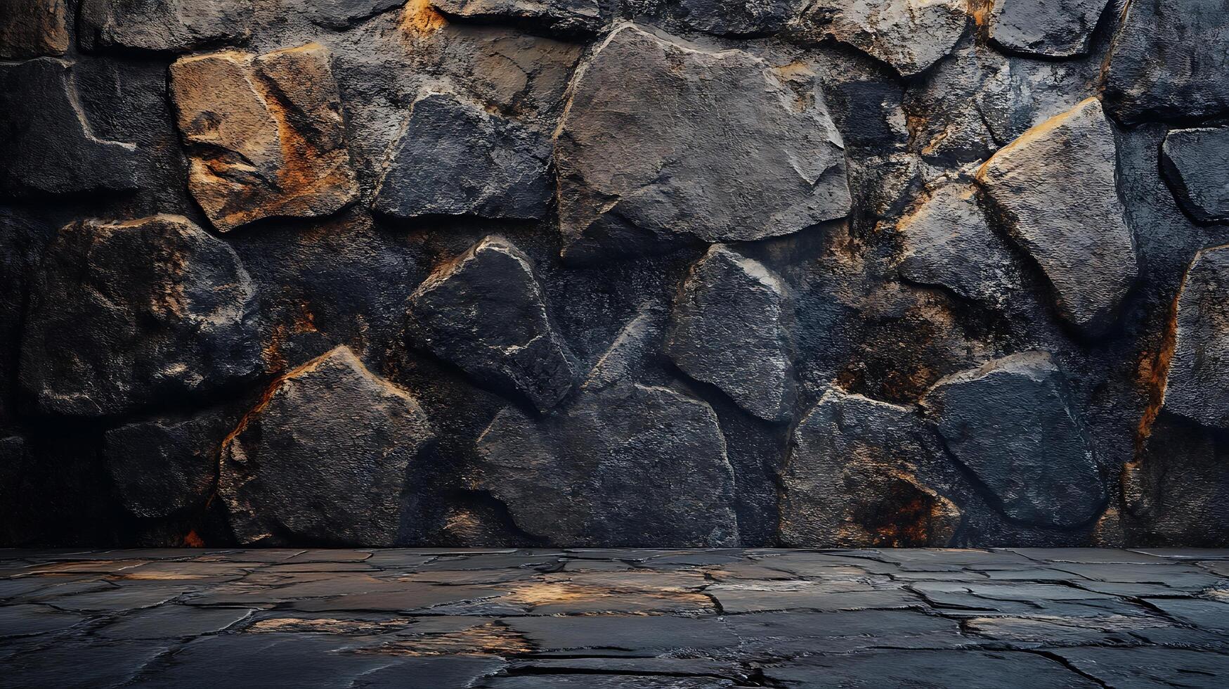 Rustic stone wall and floor create a moody, textured backdrop. Perfect for showcasing products or adding depth to your design projects. photo