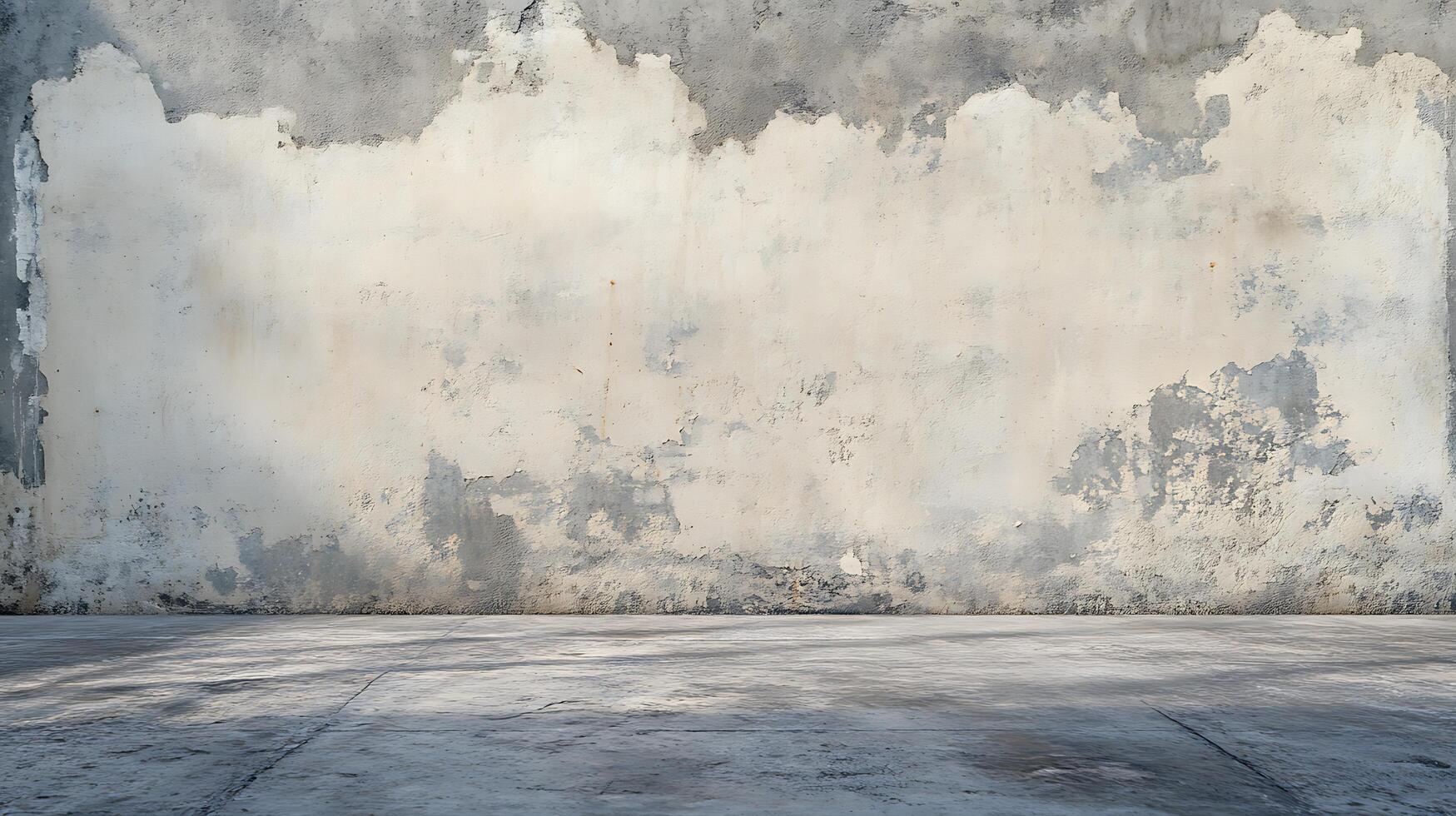 Distressed plaster wall in a shadowed interior, creating a textured and aged effect with concrete floor. Ideal background for design work. photo