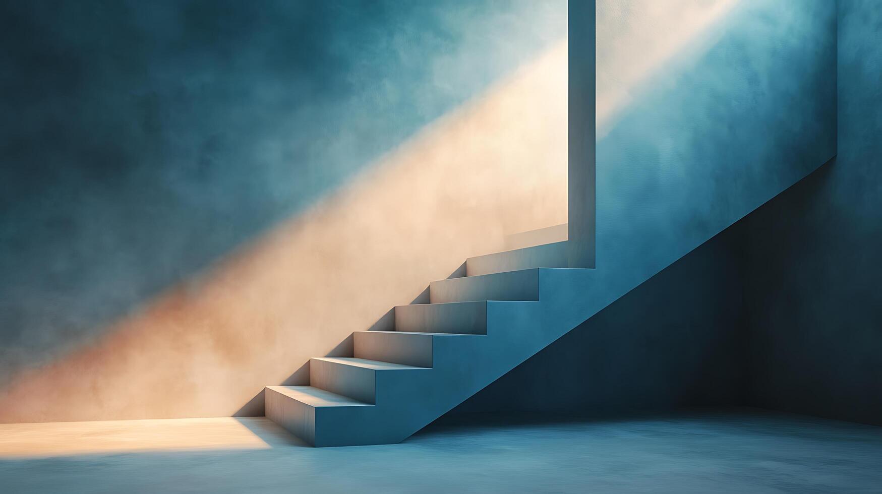 Staircase in a blue room is illuminated by a beam of golden light, creating a sense of ethereal peace and mystery. Minimalist, serene photo