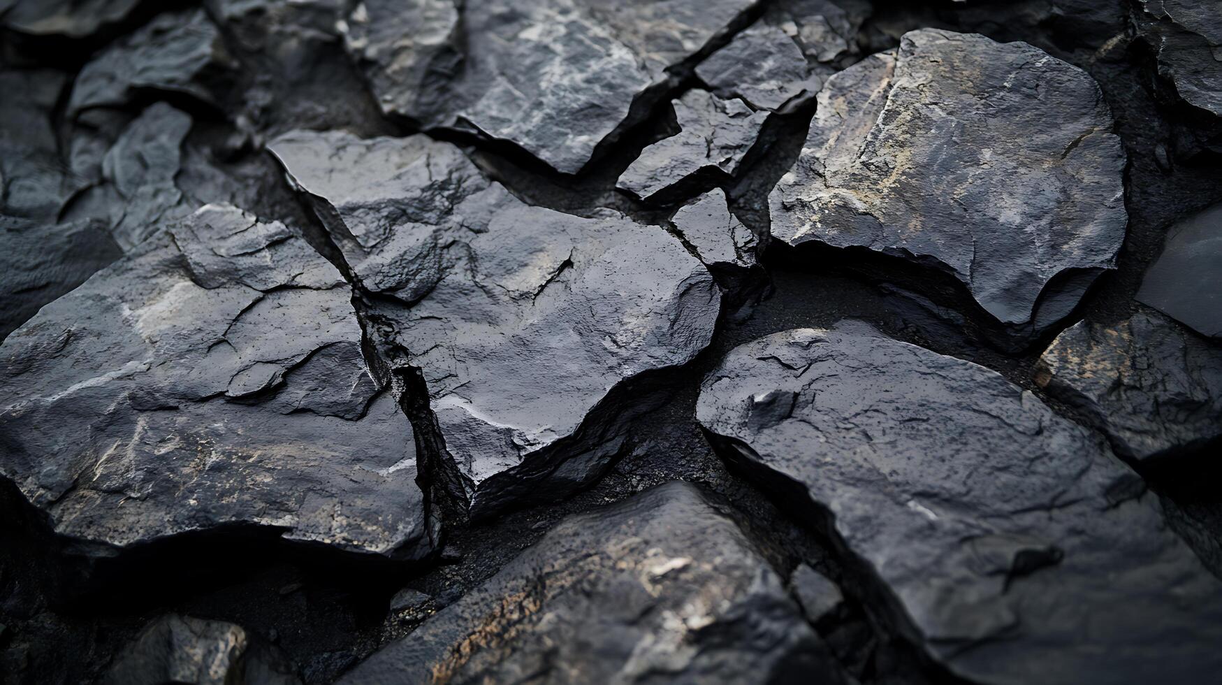 A collection of dark gray rocks with rough textures and jagged edges, tightly packed together, creating a visually striking pattern. photo