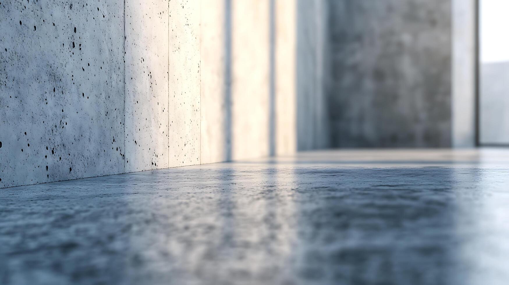 A concrete room is shown. The light comes in through a slit in the walls. The room is modern with a sleek design and a minimalist aesthetic. photo