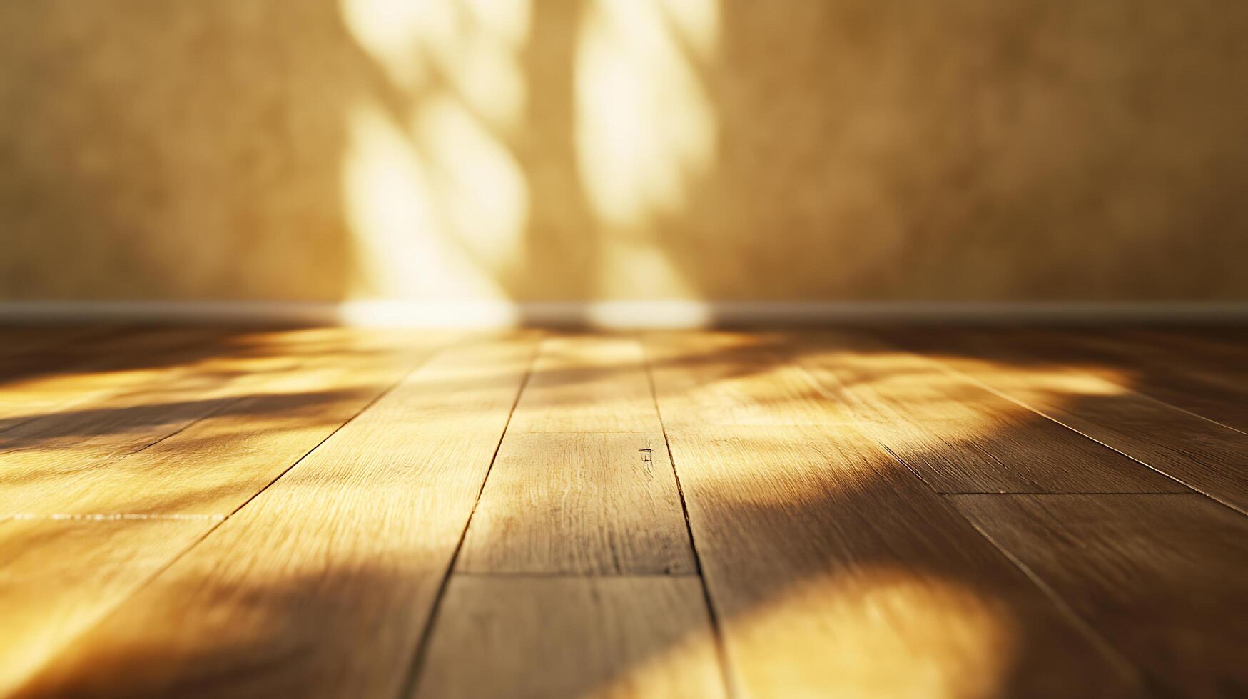 Sunlight dappled on warm wood grain hardwood floor. The play of light and shadows adds depth and texture to the space. photo