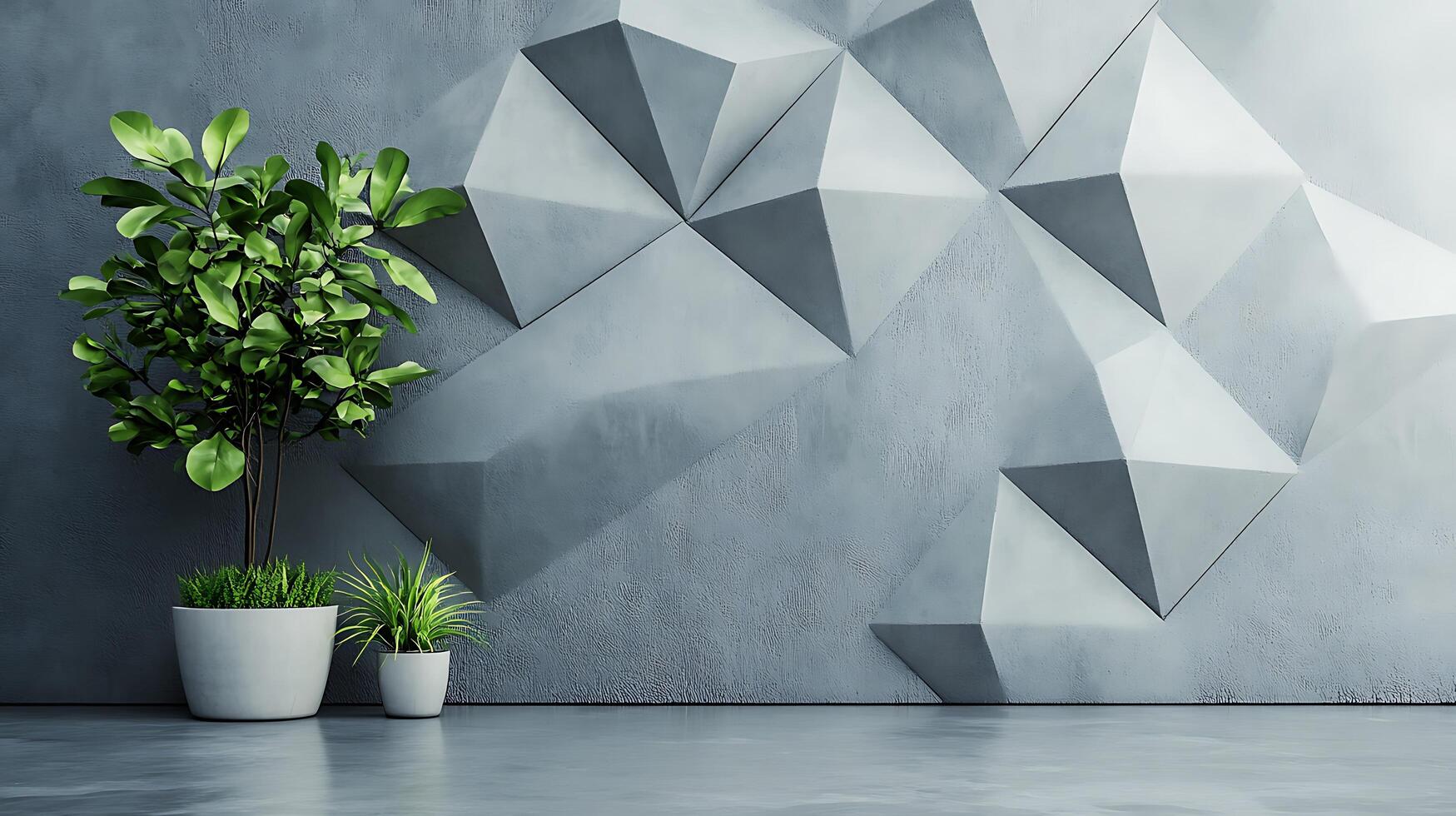 Modern interior with geometric wall and plants. Minimalist design with a textured wall and potted greenery for a serene space. photo