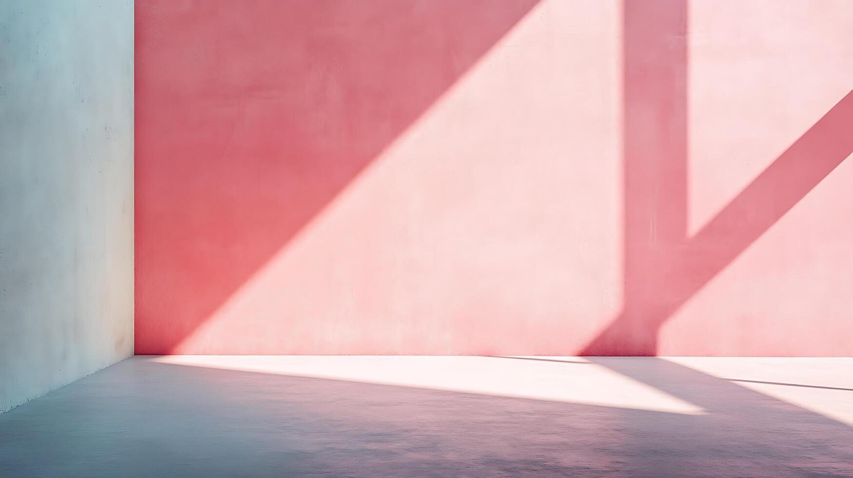 Abstract room with a pink wall and sunlight casting shadows. The floor has a subtle gradient, and the adjacent wall is light blue. photo