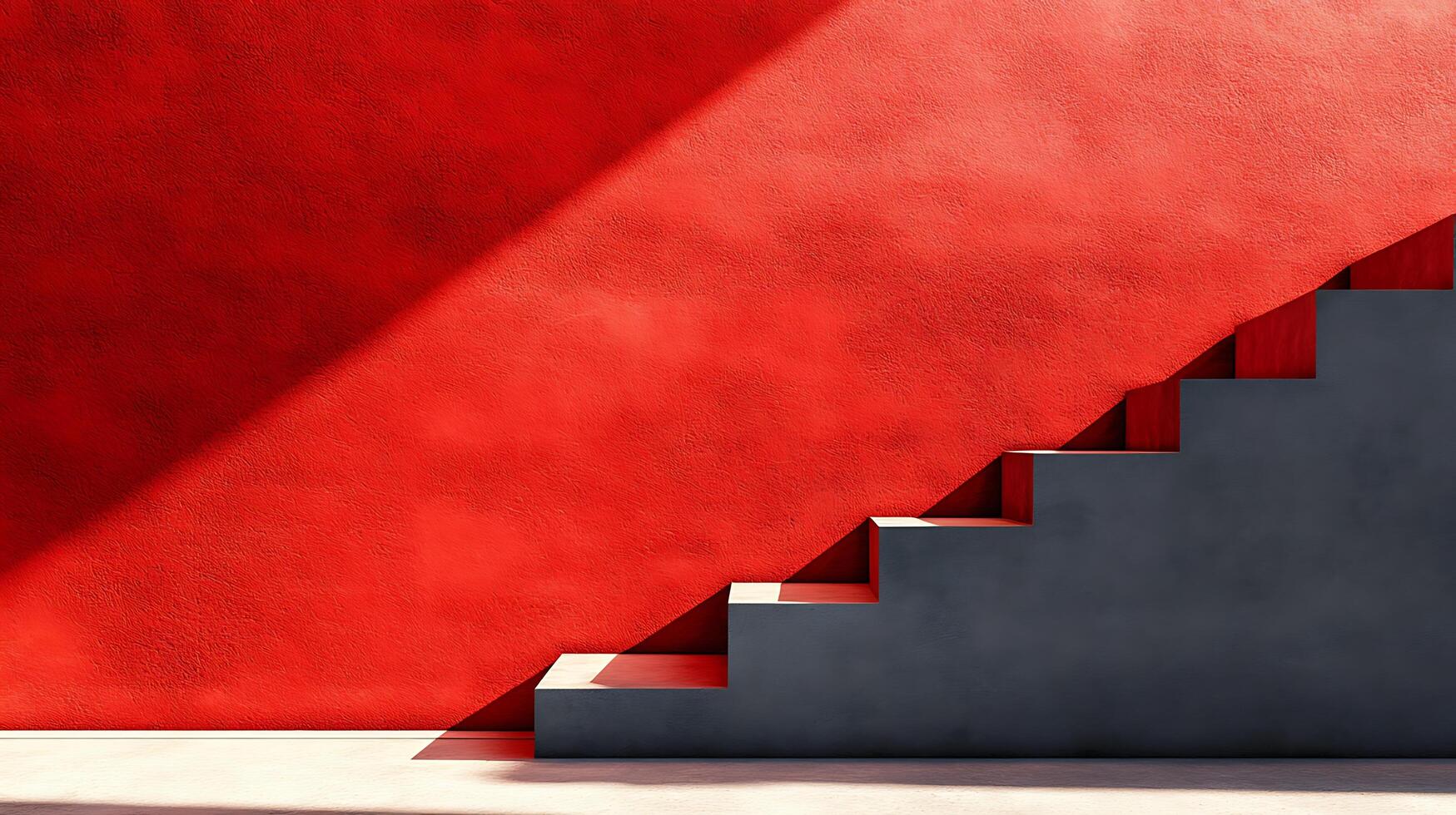 Striking red wall and contrasting gray steps create a strong architectural statement, enhanced by dramatic shadows and minimalist style. photo