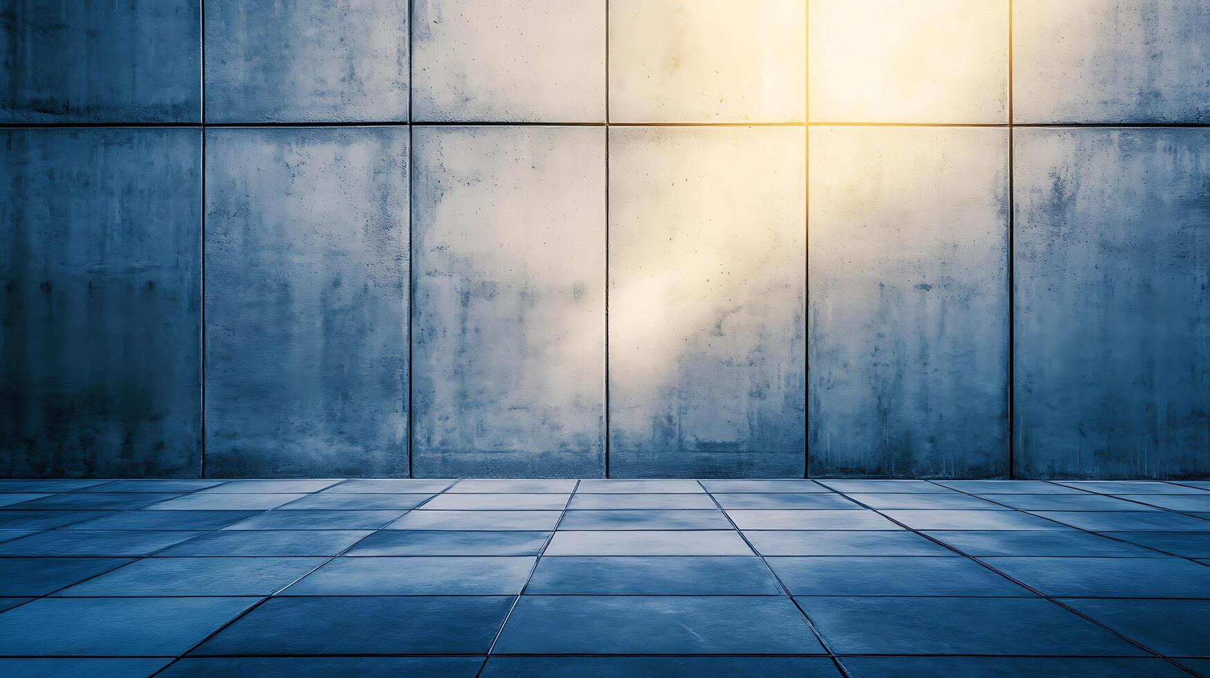 Monochromatic architecture featuring a blue toned tile floor and concrete wall with a single light. Minimalist design with blue hues. photo