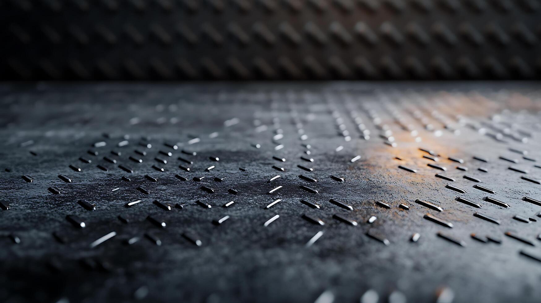 A close-up of textured metal flooring with parallel raised lines shows detail and industrial design. Focus is on the floor surface. photo