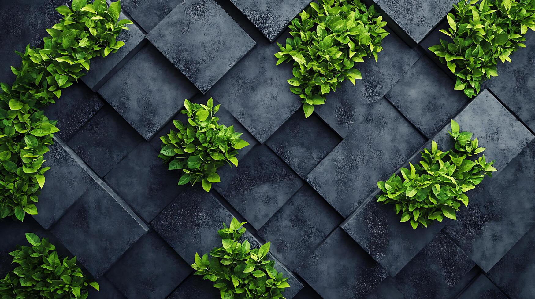 Green plants punctuate a geometric, textured wall, contrasting nature with abstract architectural design. photo