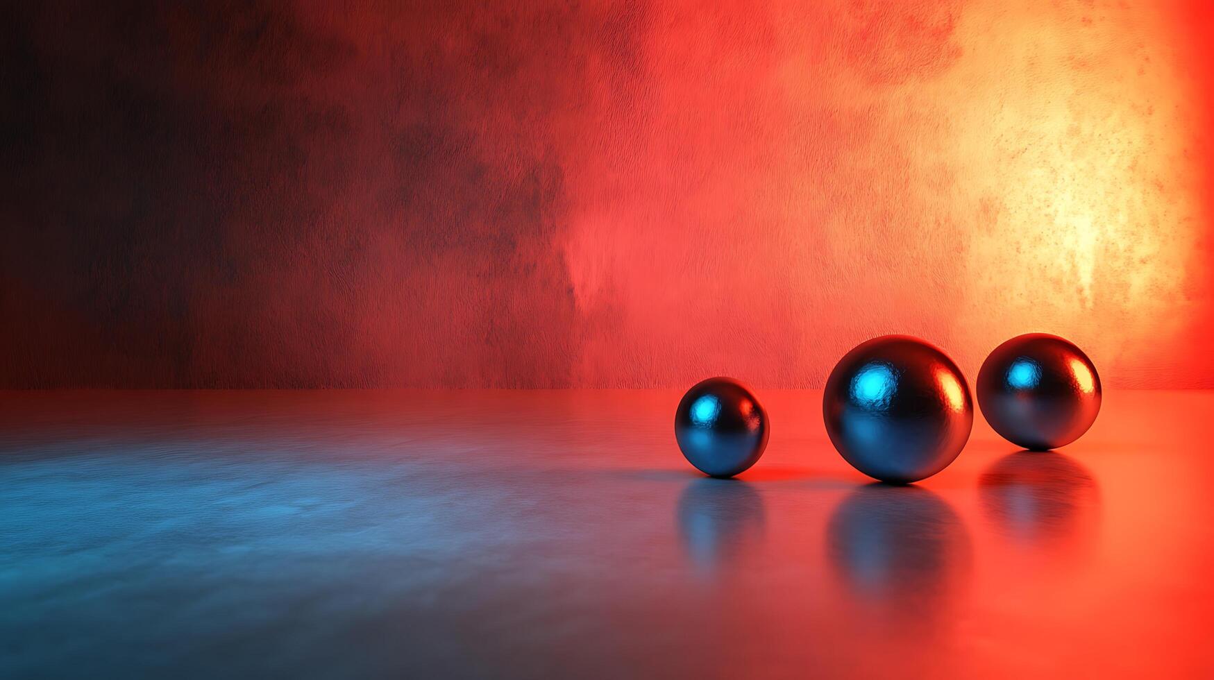 Three spheres sit illuminated by vibrant red and blue lights, creating a reflective contrast on a smooth surface. Abstract minimalism. photo