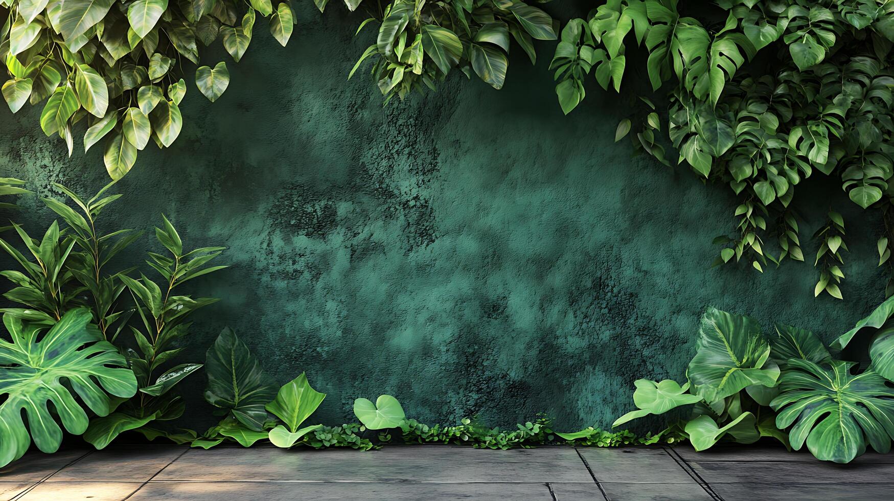 Lush green plants frame a textured wall, creating a serene and natural indoor garden scene. The composition invites tranquility. photo