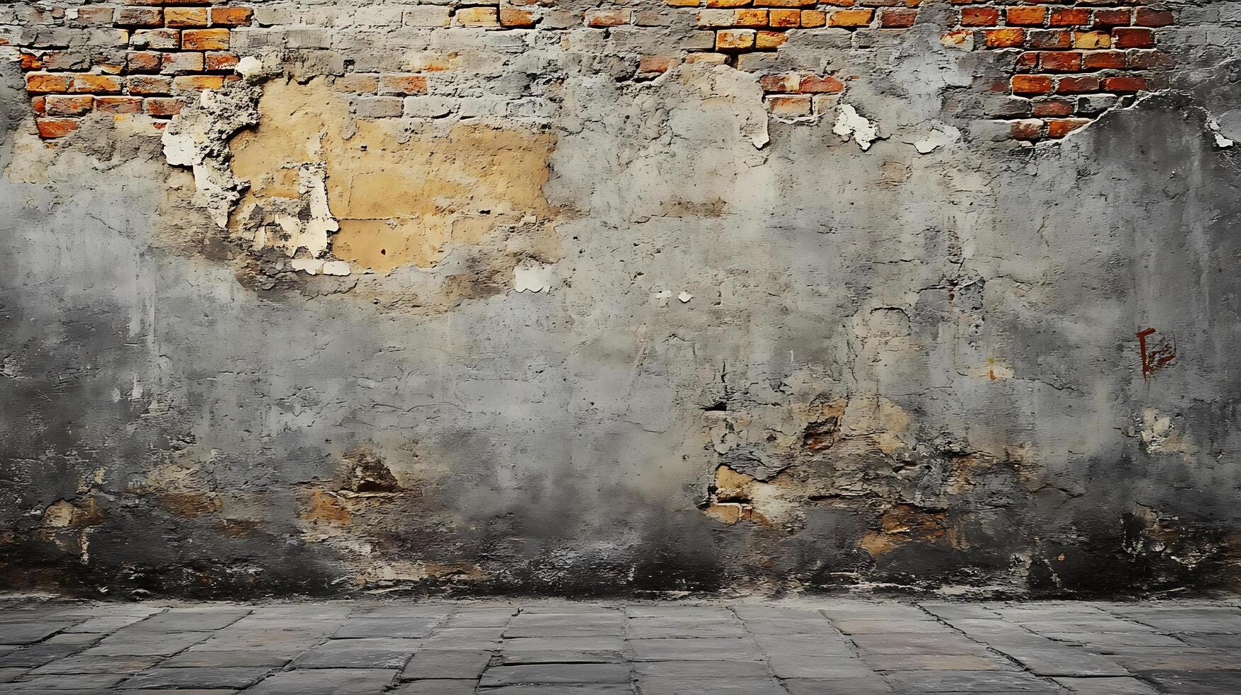 Weathered concrete and brick wall with exposed brick and cracked, crumbling texture, creating a stark contrast and vintage aesthetic. photo