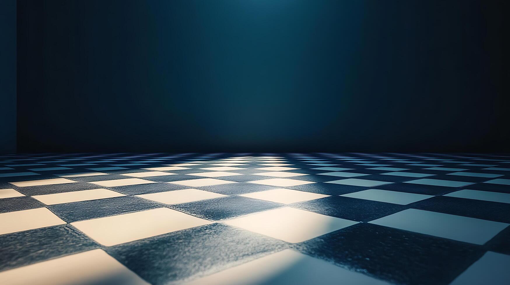 Illuminated checkered floor with a gradient wall. Perspective view of geometric pattern. Light and shadow play enhances depth and visual interest. photo