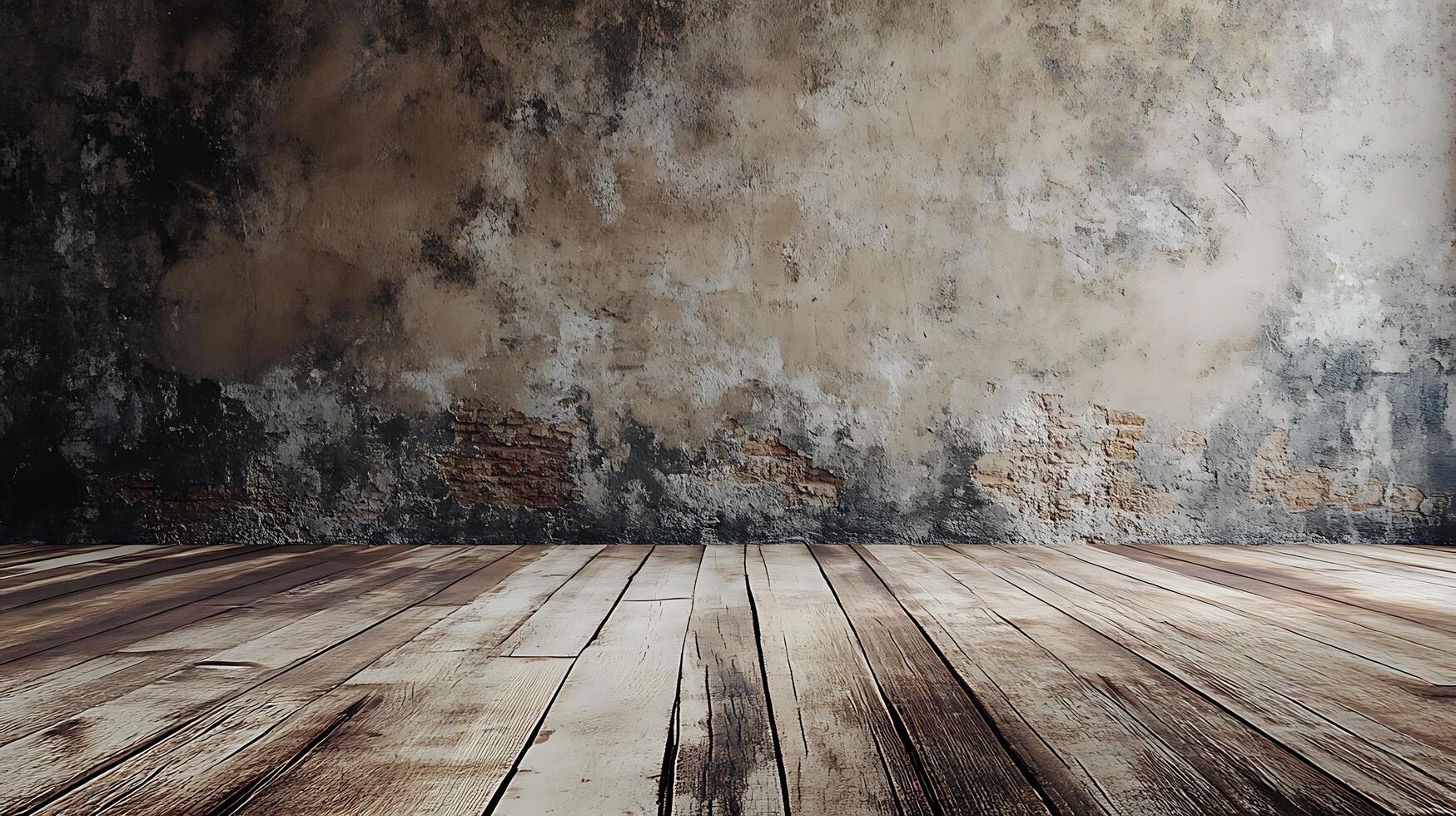 Rustic interior showcasing a textured wall with exposed brick elements and a polished wooden floor, ideal for background use. photo