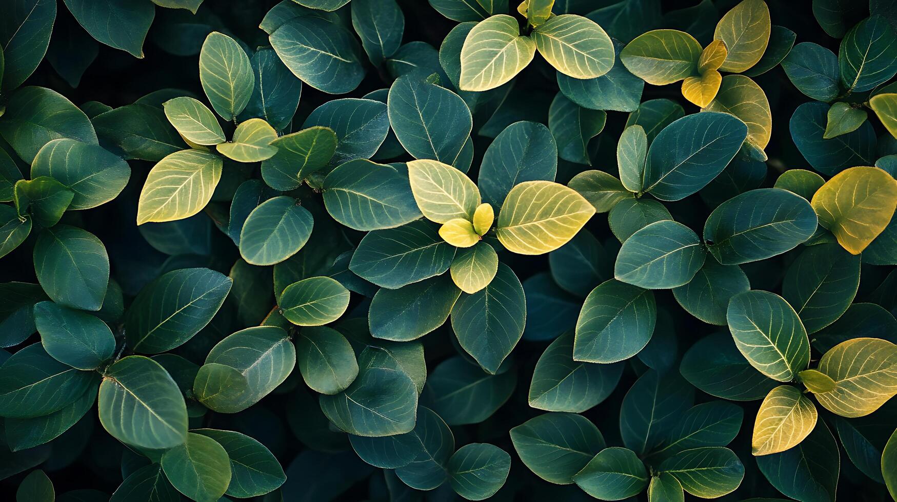 Lush green leaves with hints of yellow create a vibrant, natural texture, showcasing a dense foliage arrangement. photo