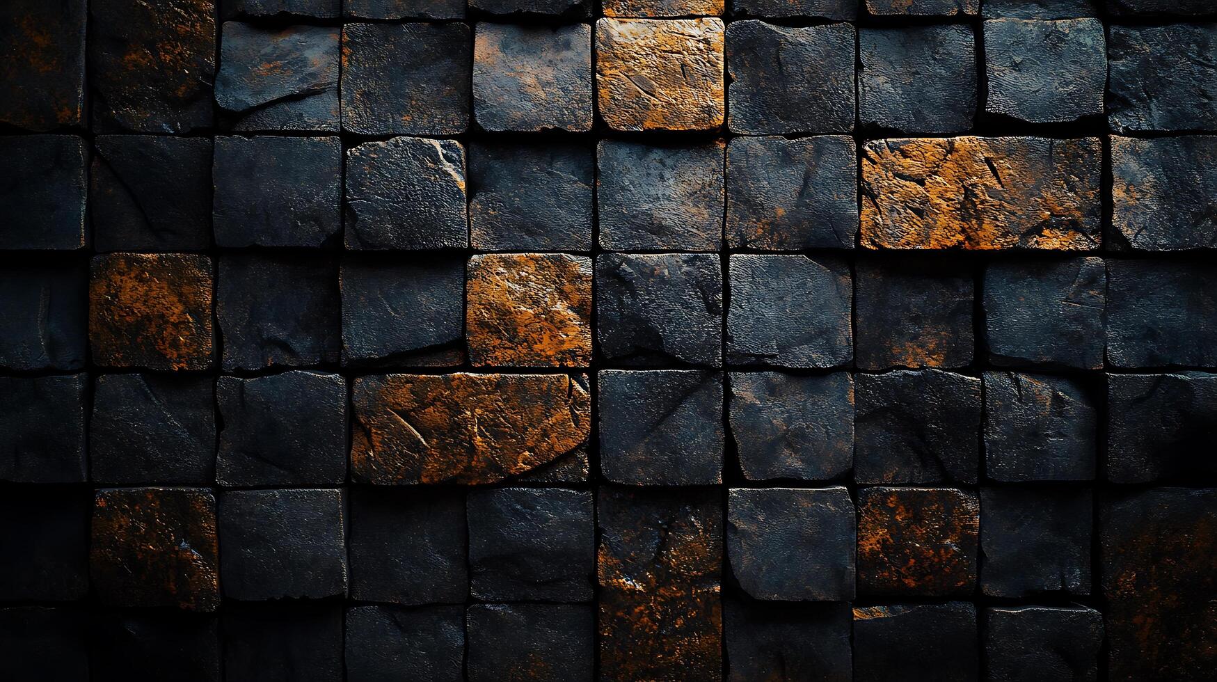 A textured wall of dark, stone-like cubes with varying shades of brown, creating an abstract architectural element and natural design. photo